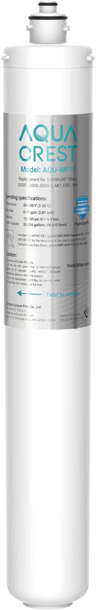 AQUA CREST I2000 Under Sink Water Filter, 26K Gallons, Replacement Cartridge for Everpure i2000, MC2, ESO7, MH2, EV9612-22, EV9612-56, EV9607-25, EV9613-21, NSF/ANSI 42 Certified