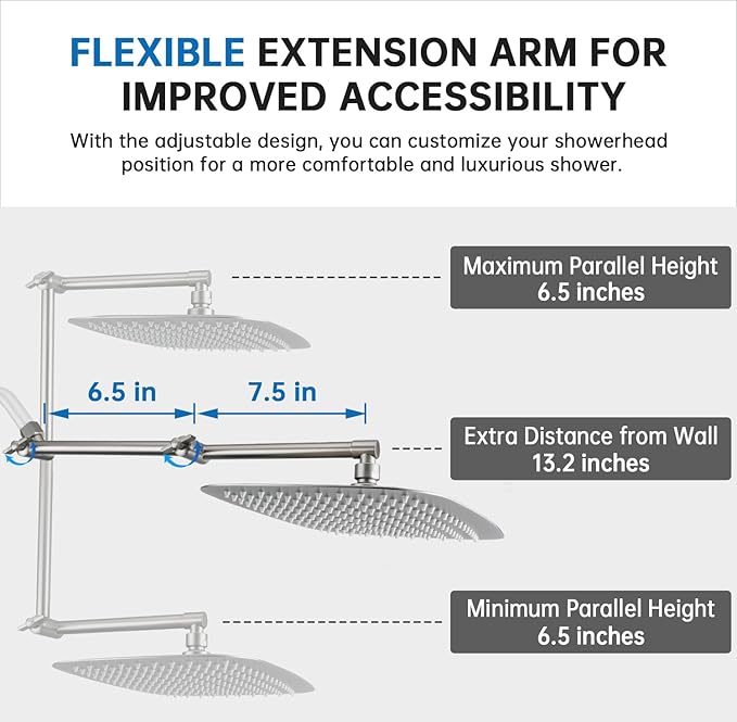 G-Promise All Metal 14 Inches Rainfall Shower Head with Handheld Spray Combo, 3 Settings Diverter, Adjustable Extension Arm with Lock Joints, 71 Inches Stainless Steel Hose (Brushed Nickel)