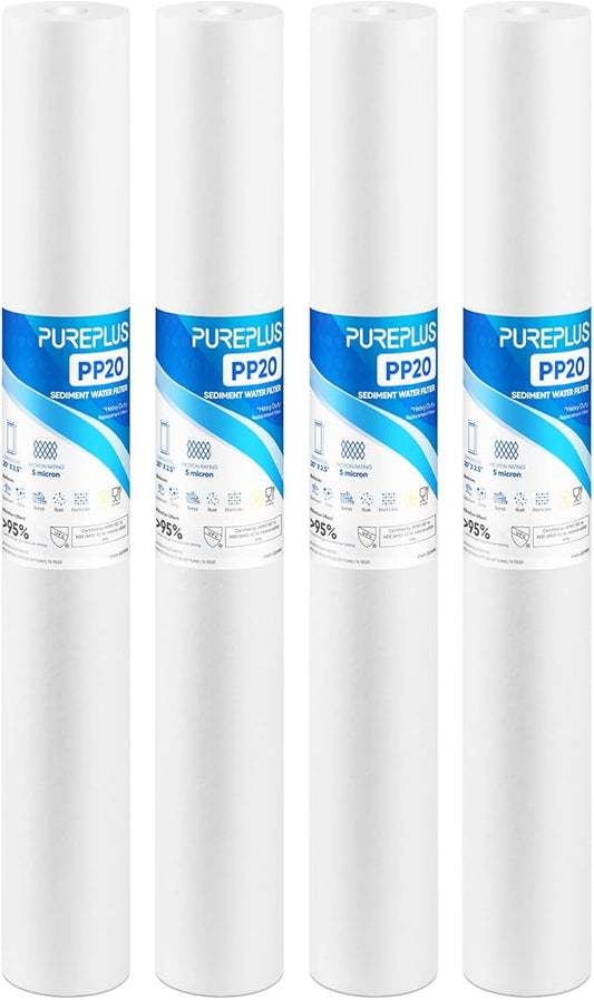 PUREPLUS 5 Micron 20" x 2.5" Whole House Sediment Home Water Filter, 20-inch Sediment Pre-Filtration, Replacement Cartridge Aqua Pure AP110-2C, Pentek P1-20/SP-P1-20/PX01-20, Watts FPMB5-20, 4Pack
