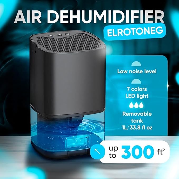 Dehumidifier ELROTONEG, 35 OZ Water Tank (300 sq. ft), Small Dehumidifier for Basement with Auto-Off, Sleep Mode and LED Lighting (Black)