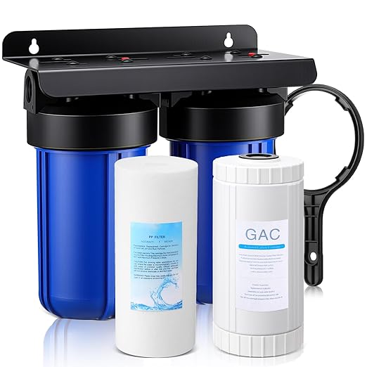 VIHOSE 2-Stage Whole House Water Filter System with 10" x 4.5" Carbon Filter and Sediment Filter, 5-Stage Filtration, 1" Inlet/Outlet, High Lead, Chlorine, Odor and RV Well Water Softener