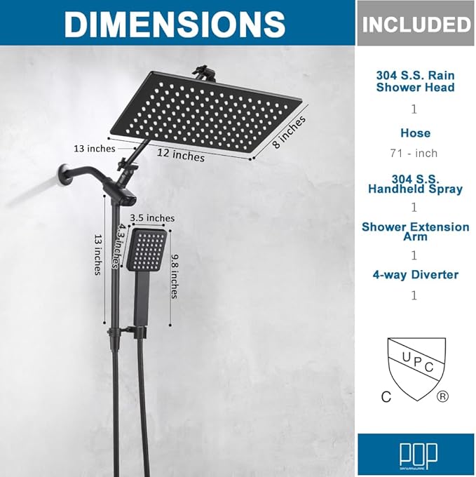 POP SANITARYWARE All Metal Matte Black Shower Head with Handheld, High Pressure 12 Inch Showerhead Combo, 71 Inch / 6 ft Hose, Press Button 4-Way Diverter, Adjustable Extension Arm