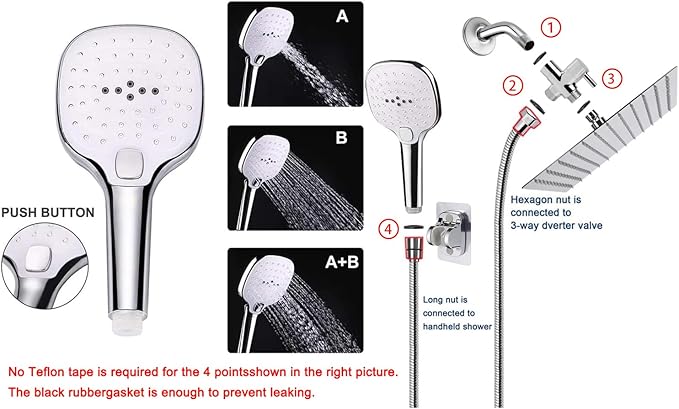 NearMoon Shower Head with Hose, High Pressure Stainless Steel Rain Shower and 3 Settings Handheld Spray Combo with Push Button Flow Control (8 Inch Showerhead Set, Chrome Finish)