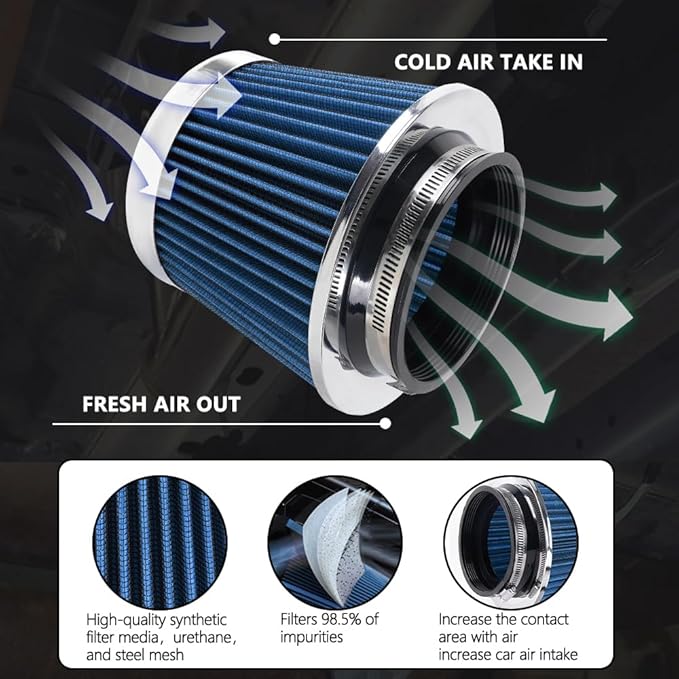 4-Inch Cold Air Intake Filter - Washable, High Performance, 3" or 3-1/2" or 4" Clamp-On Replacement Air Filter Blue
