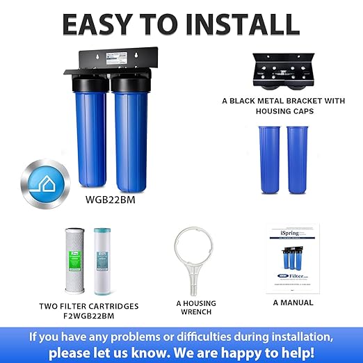 iSpring Whole House Water Filter System, Highly Reduces Iron, Manganese, Chlorine, Taste, Odor, 2-Stage Whole House Water Filtration System, Model: WGB22BM, 1" NPT Inlet/Outlet