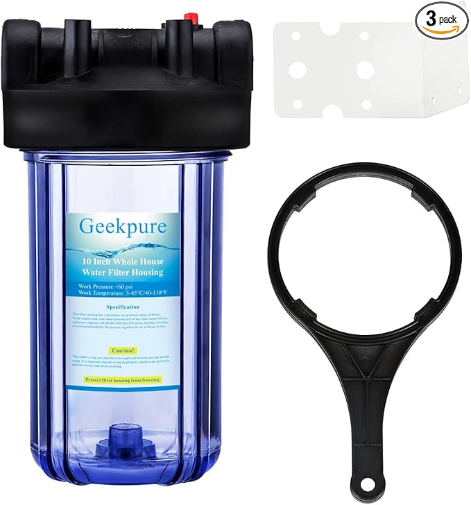 Geekpure 10 Inch Water Filter Housing for Whole House Water Filtration with Wrench Bracket -1" Port-Clear -4.5" x 10" (3)