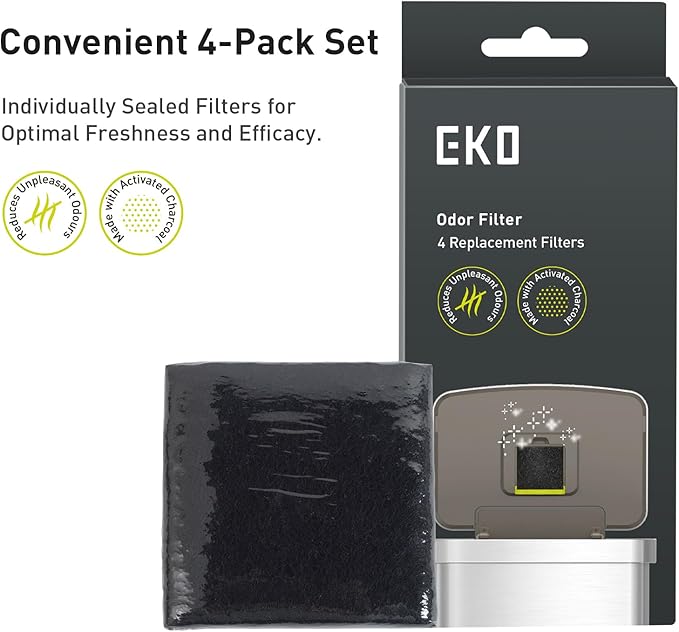 EKO Trash Can Odor Filter Refills for Trash Can and Compost Bin, Activated Charcoal Deodorizer, Strong Charcoal Odor Absorber, Pack of 4 Replacements