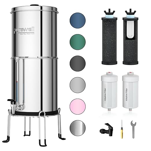Purewell 7-Stage 0.01μm Ultra-Filtration Alkaline Water Filter System with 4 Filters, Metal Water Level Spigot and Stand, 304 Stainless Steel, Reduce Fluoride & Chlorine, pH 8-9, 2.25G, PW-OB-FT