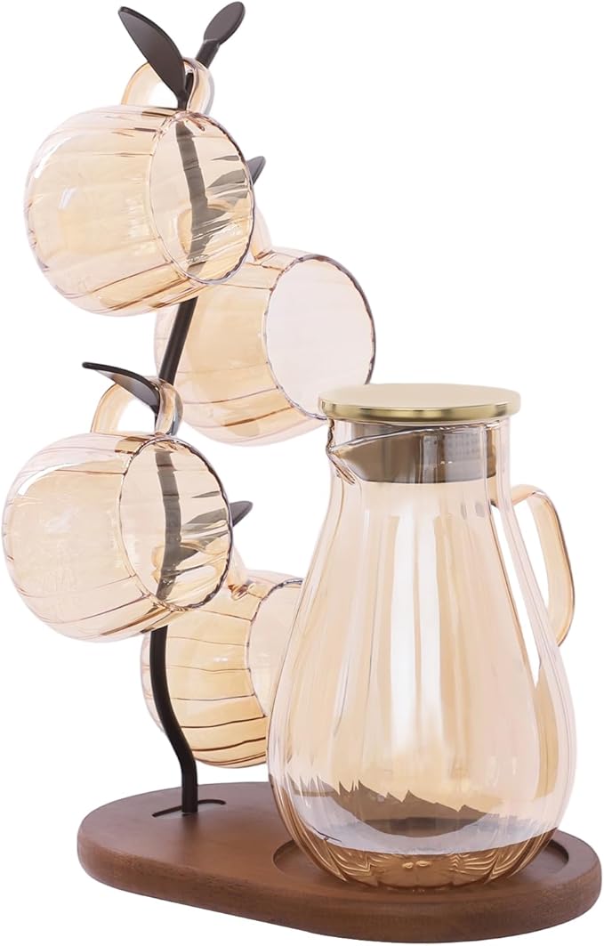 1.5L/50.72 oz Glass Pitcher with Lid & Filter, 6-Pcs Glass Pitcher Set Jug with 6 Water Glasses & Cup Storage Shelf Glasses Water Carafe for Hot/Cold Tea Beverage Large Jug for Iced Juice