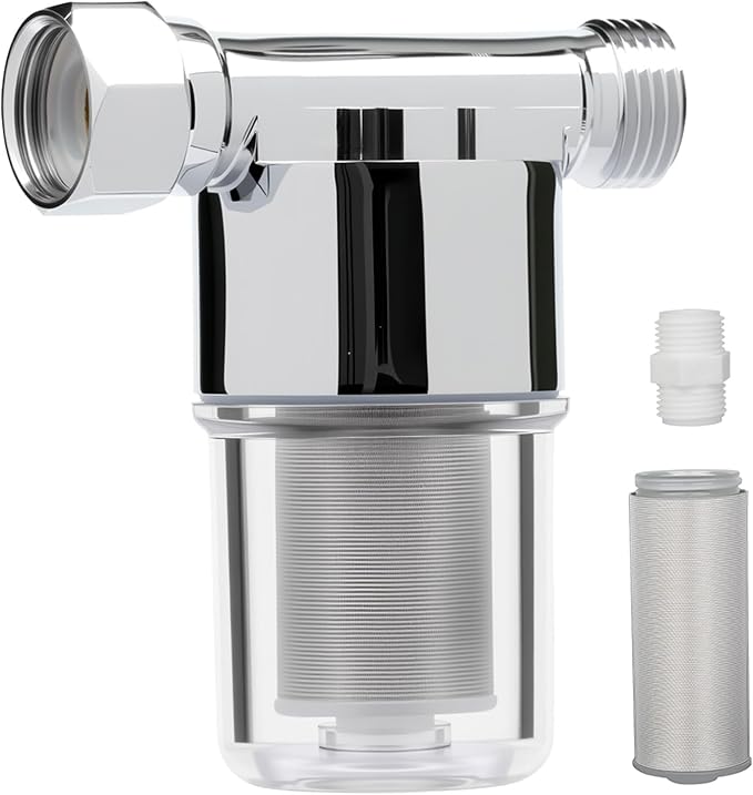 40 Micron Brass Sediment Filter, Reusable Sediment Water Filter for Washing Machine, Shower,Gardens, Well Water Traps Sand Particles, Rust, and Copper Shavings (Chrome)