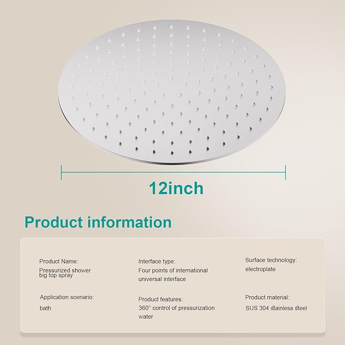 All Metal Rain Shower Head - Heavy Duty Stainless Steel, Easy Install, High Water Flow, Ultra-Thin Modern Design for Bathroom (Brushed Nickel, 12)