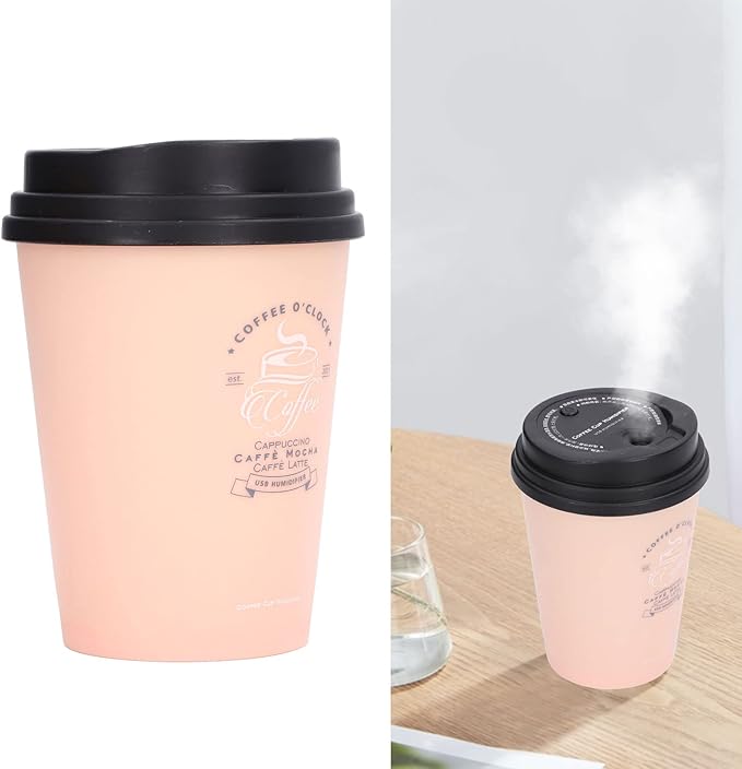 Mini Humidifier, USB 300ml Coffee Cup Low Noise Auto Off Desk Humidifier, Car Humidifier Diffuser, Small Humidifier, Portable Humidifier for Travel, Cute Humidifiers for Bedroom Home Office(Pink)