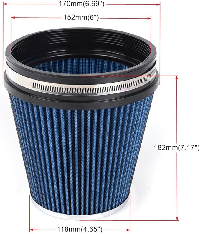 MUGE RACING 6" 152 mm High Flow Inlet Air Filter, Air Intake Cone Filter Replacement Performance Washable Clamp-On Dry, 6'' Tall(Blue)