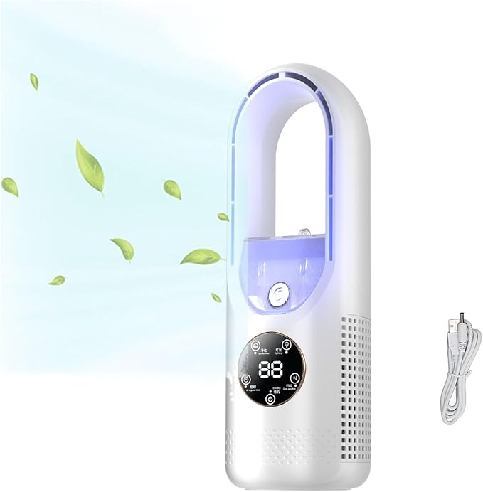 Desk Bladeless Fan with Humidifier, Small Personal Misting Fan for Sleep with 6 Speeds, Quiet Bedside Fans for Bedroom with Timer and LED Light, Table Fan for Home Office Desktop