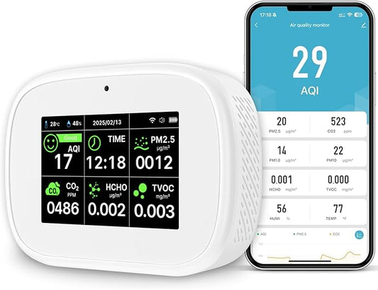 18-in-1 Smart Air Quality Monitor - Indoor WiFi Air Quality Detector with Dual Chip, Real-Time for AQI, CO2, PM2.5, PM1.0, PM10, TVOC, HCHO, Time Display, Temperature & Humidity with APP (White-Black)