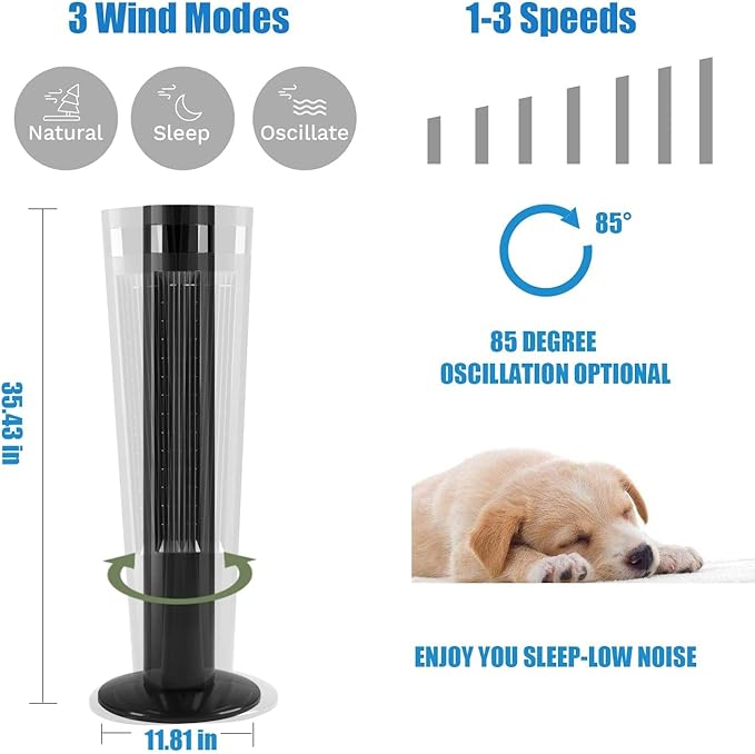 Antarctic Star Tower Fan Portable Electric Oscillating Fan Quiet Cooling Remote Control Standing Bladeless Floor Fans 3 Speeds Wind Modes Timer Bedroom Office (36 inch, Black)