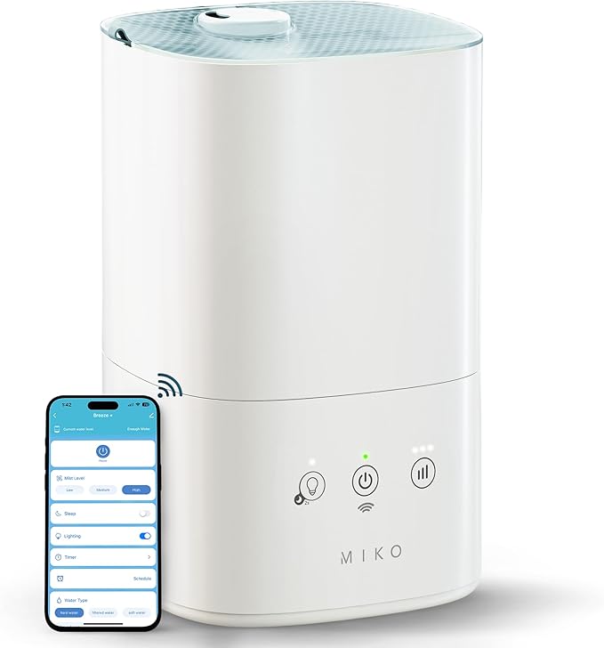 MIKO Ultrasonic Humidifiers for Bedroom Baby - Pre Filter, Wifi App controlled, Auto Mode, No Leak Design, Sleep Mode, Built-in Timer, Humidifier for Babies & Home