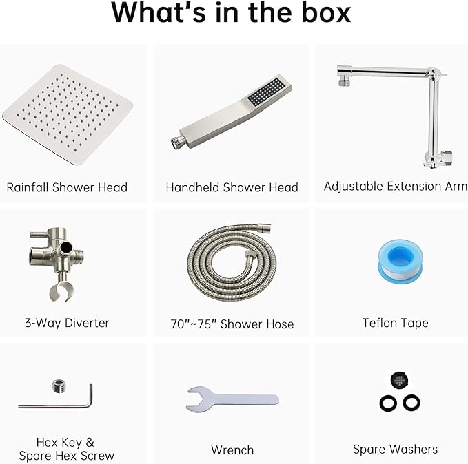 G-Promise All Metal 10 Inches Rainfall Shower Head with Handheld Spray Combo, 3 Settings Diverter, Adjustable Extension Arm with Lock Joints, 71 Inches Stainless Steel Hose (Brushed Nickel)