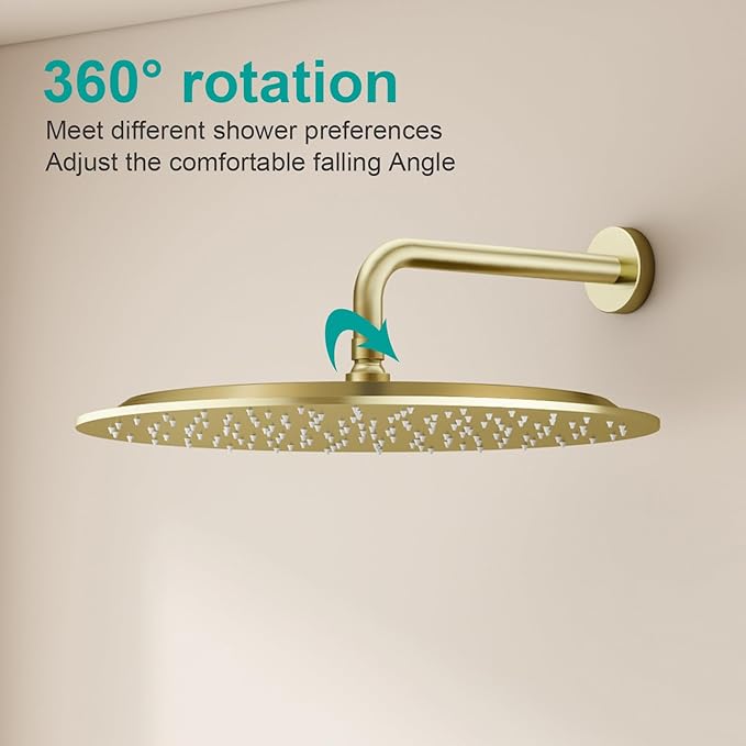 All Metal Rain Shower Head - Heavy Duty Stainless Steel, Easy Install, High Water Flow, Ultra-Thin Modern Design for Bathroom (F-Brushed Gold, 16)