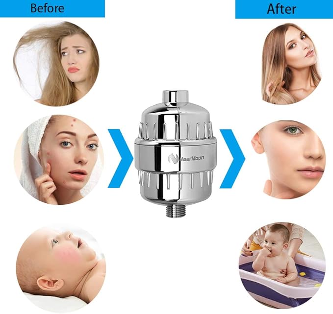 NearMoon High Output 15 Stage Shower Filter - Filtered Shower head softener for Hard Water，Reduces Dry Itchy Skin, Dandruff and Improves the Condition of Your Skin, Hair (Chrome Finish)