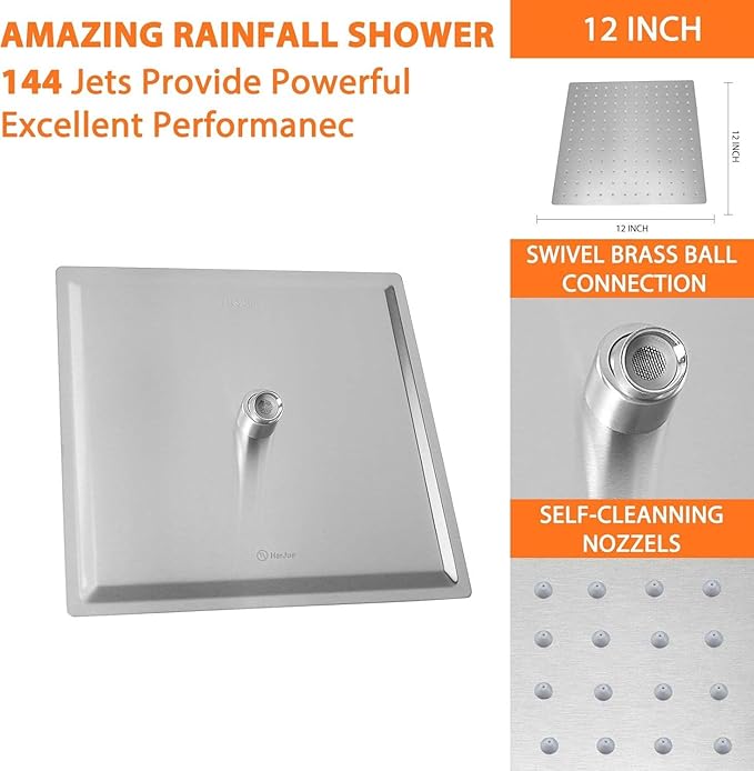 HarJue High Pressure Large Stainless Steel Square Rain ShowerHead With Shower Arm Waterfall Full Body Coverage Easy to Clean and Install (12 Inch With Arm, Brushed Nickel)