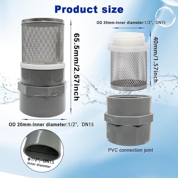1/2" inch stainless steel filter cover connected to 1/2" grey pvc filter DN15 water pipe, suction strainer used to remove debris and reduce solid entry(1pcs)