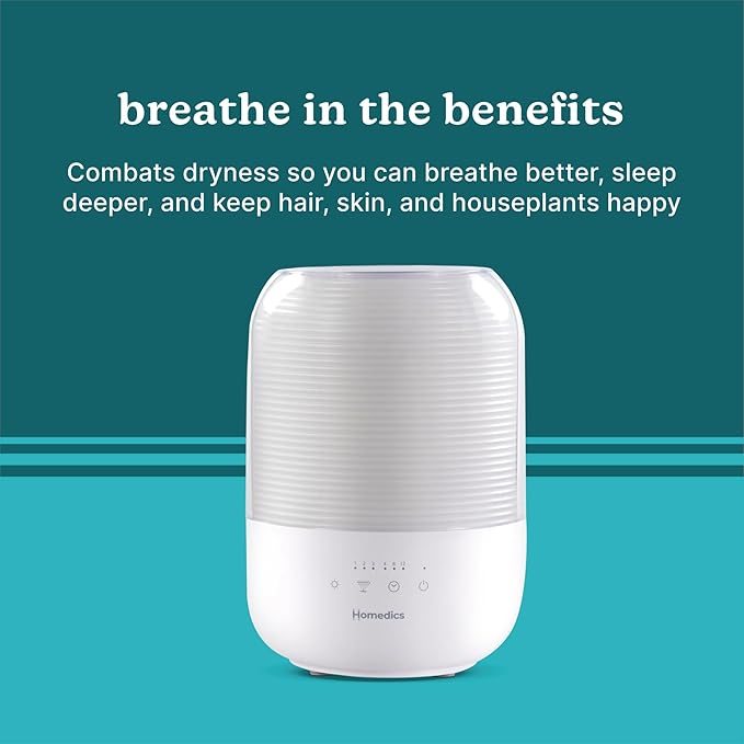 Homedics Ultrasonic Cool Mist Humidifier, Top-Fill 3L Water Tank, Covers 395 sq. ft, 35-Hour Runtime, 3 Mist Settings, Clean Tank Tech, Auto-Off, Night Light, Quiet