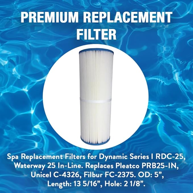 Doheny's PRB50-IN1 Spa Filter | Repl. Filter for Dynamic Series IV-DFM, Waterway 50 In-Line | Replaces Pleatco PRB50-IN, Unicel C-4950, Filbur FC-2390. OD: 5”, Length: 13 5/16”, Hole: 2 1/8” | 12-Pack