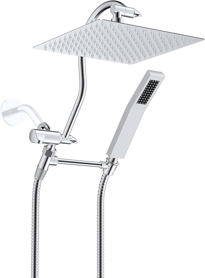 Hibbent All Metal Shower Head, 10'' High Pressure Rainfall Shower Head, Showerhead Combo, Handheld Shower Wand, 12'' Adjustable Curved Shower Extension Arm, 71'' Hose, Shower Head Holder, Chrome