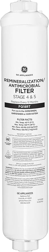 GE Reverse Osmosis Under Sink Remineralization & Replacement Filter, Fits GE GXRV40TBN, GXRQ18NBN, GNRQ18NBN Filtration Systems, Replace Every 12 Months, FQ18RT