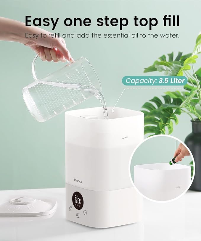 Smart Humidifiers for Bedroom Large Room, 3.5L Top Fill Cool Mist Air Humidifiers for Home Baby Plants Nursery, Humidity Control & Night Light, White
