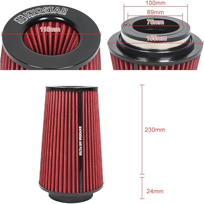 3/3.5/4inch Inlet Cold Air Intake Cone Replacement Performance Washable High Flow Dry Air Filter (RED)