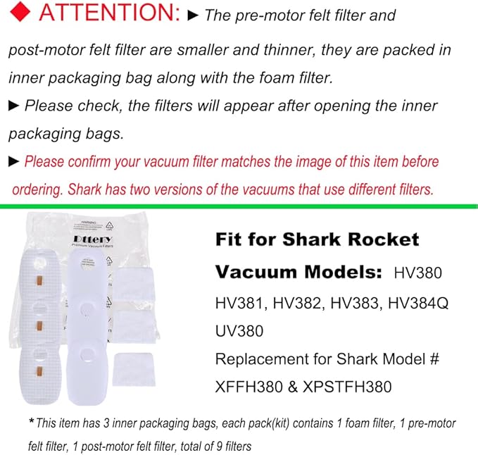 Dttery 3 Pack for Shark Rocket DuoClean HV380 HV380C HV380W HV381 HV381C HV382 HV382BRN HV383 HV384Q Filter Kit, 6 Pre-Filters (3 Foam+3 Felt) and 3 Post-Filters Replacement Part XFFH380 XPSTFH380