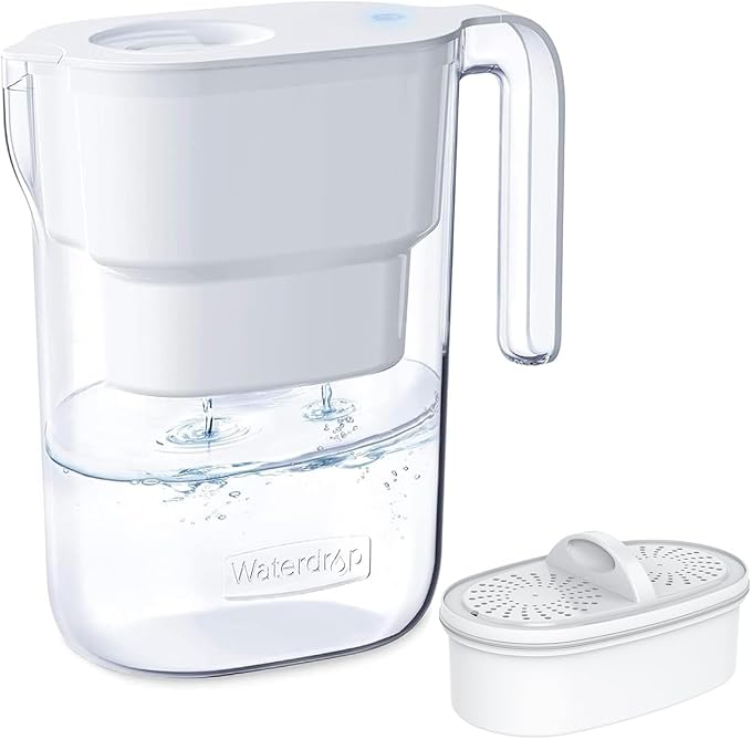 Waterdrop Water Filter Pitcher with 1 Filter, 5X Times Lifetime, Lasts 200 Gallons, for Fridge, Countertop and Gift, Reduces PFOA/PFOS, Chlorine, 7-Cup Capacity, Elfin, White