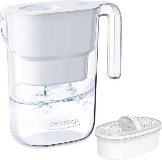 Waterdrop Water Filter Pitcher with 1 Filter, 5X Times Lifetime, Lasts 200 Gallons, for Fridge, Countertop and Gift, Reduces PFOA/PFOS, Chlorine, 7-Cup Capacity, Elfin, White