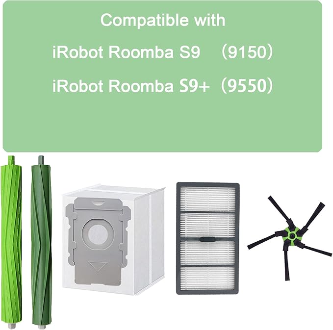 S9 replacement parts for roo-mba s9(9150) s9+ s9 Plus(9550) Series Vacuum Cleaner,4 Filters, 4 Corner Brushes, 2 Set of Multi-Surface Rubber Brushes,4 Automatic Dirt Disposal Bags,2 tools