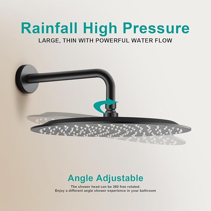 All Metal Rain Shower Head - Heavy Duty Stainless Steel, Easy Install, High Water Flow, Ultra-Thin Modern Design for Bathroom (D-Matte Black, 12)