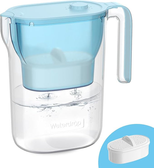 Waterdrop Water Filter Pitcher, 200-Gallon Long-Life, Countertop NSF Certified Water Purifier, Replaces 6,400 Plastic Water Bottles a Year, Reduces Chlorine, PFOA/PFOS, 7-Cup, Blue