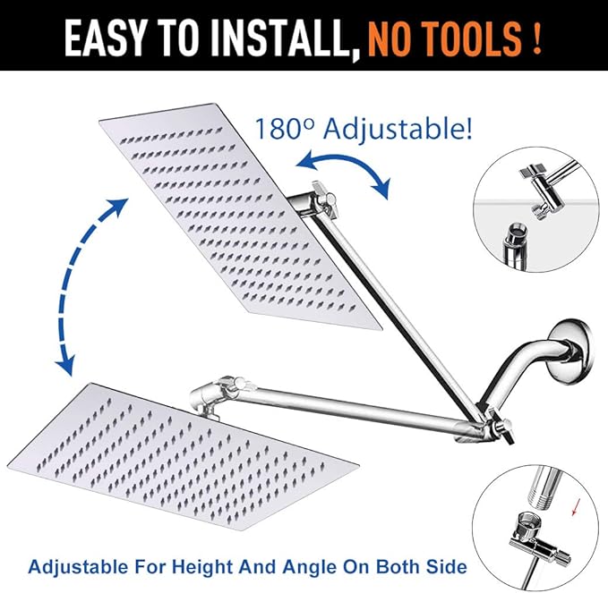 HarJue High Pressure Large Stainless Steel Square Rain ShowerHead With Shower Arm Waterfall Full Body Coverage Easy to Clean and Install (12 Inch With Arm, Chrome Finish)