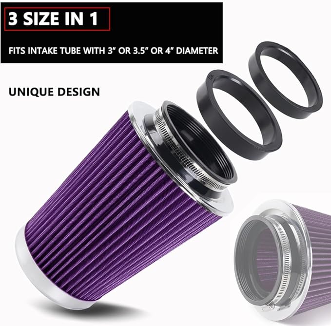 4-Inch Cold Air Intake Filter - Washable, High Performance, 3" or 3-1/2" or 4" Clamp-On Replacement Air Filter Purple (8" Tall)