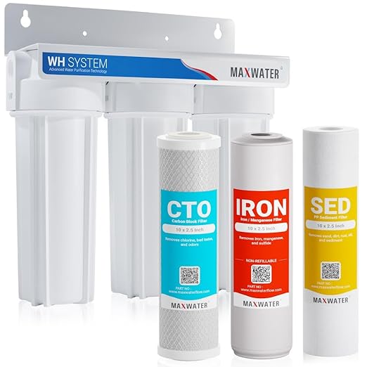Max Water 3 Stage (Coastline Houses, Cottage, Farm, Well & Underground Water) 10 inch Water Filtration System for Whole House-Sediment+Iron Manganese+CTO Post Carbon -3/4" Inlet/Outlet- Model : WH-SW5