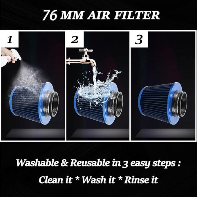 muge racing 3-inch Cold Air Intake Filter 76mm, High Performance Clamp-On Engine Intake Air Filter, Washable Reusable & Universal Round Tapered Replacement Air Filter, Blue
