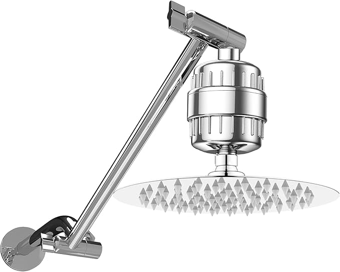 8" High-Pressure Rain Shower Head with 20 Stage Filter & 9-Inch Adjustable Height Shower Arm Extension, Round Shower Heads for Hard Water, Chrome