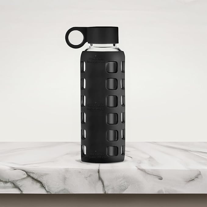 purifyou 40oz / 32oz / 22oz / 12oz Borosilicate Glass Water Bottle with Time & Volume Markers, Silicone Sleeve, Stainless Steel Lid | Reusable Glass Bottle for Water & Juice (12oz Jet Black)