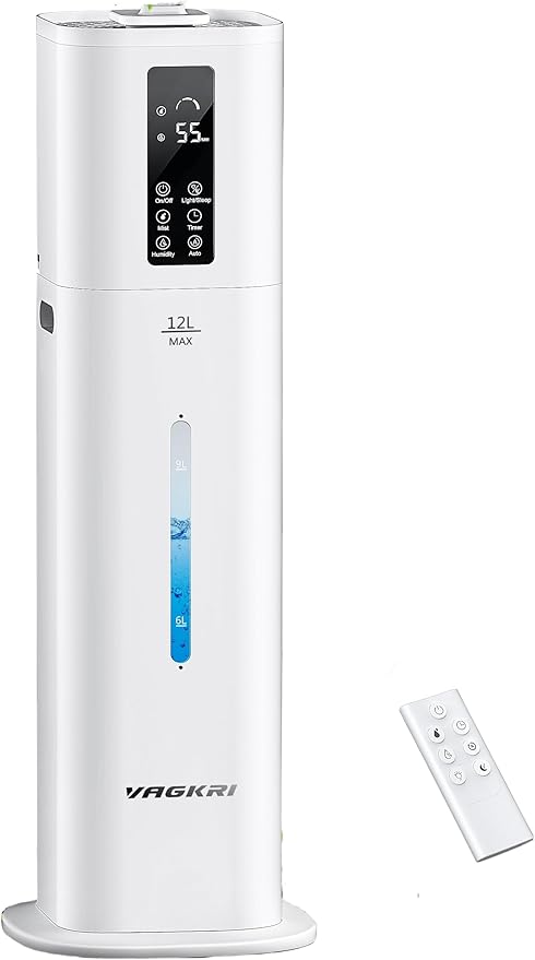 VAGKRI 12L Large Room Humidifier, 120H Long Lasting Cool Mist, 3 Mist Levels, Auto Humidity Adjustment, Top Fill Design with Essential Oil Tray for Bedroom, Home, Plants, Baby