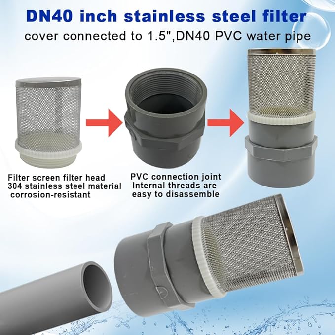 1.5" Stainless Steel Filter Cover Connected to 1.5 inch/DN40 Grey PVC Filter Water Pipe, Suction Strainers Used to Remove Debris and Reduce Solid Entry（1pcs）