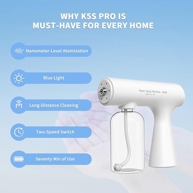 Handheld Rechargeable ULV Nano Mist Mister with Blue Light Electrostatic Technology, Portable Barbershop Humidifier for Hair Salons, Home, Office & Car Wireless Atomizer for Air Refresh（K5SPro White）