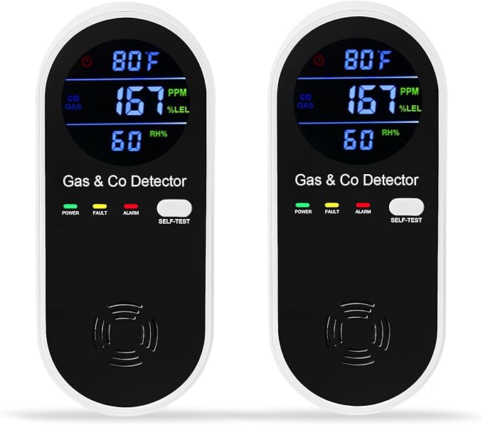 2 Packs Combination Gas & Carbon Monoxide Detector, 4-in-1 Natural Gas Detector & Carbon Monoxide Alarm with Temperature(°F) & Humidity,Propane & CO Detector for Home,RV,Apartment