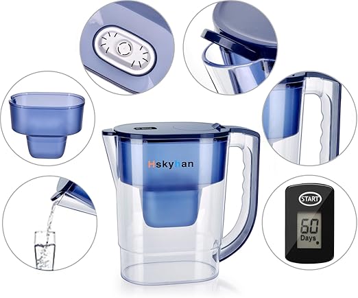 Hskyhan Alkaline Water Filter Pitcher - 3.8 Liters Improve PH, 2 Long Lasting Cartridge Included, BPA Free, 7 Stage Filtration System to Purify, Blue