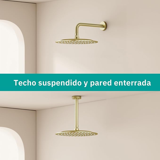 All Metal Rain Shower Head - Heavy Duty Stainless Steel, Easy Install, High Water Flow, Ultra-Thin Modern Design for Bathroom (F-Brushed Gold, 10)